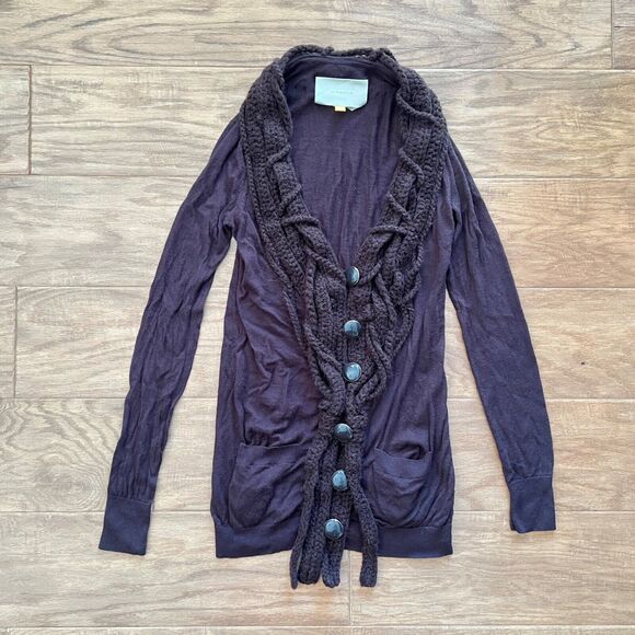 Anthropologie Leifsdottir Cardigan Sweater Size XS Brown Chunky Crochet Trim - Picture 1 of 10